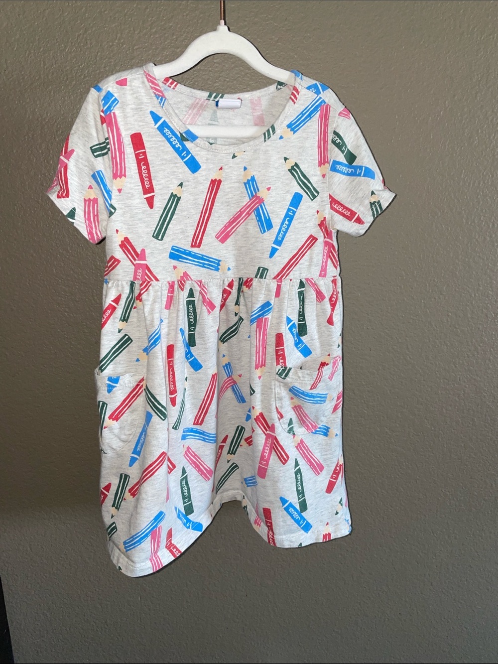 Old Navy Gray Dress with Pink, Blue & Green Pencil Print